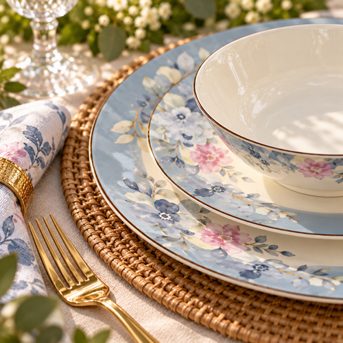 Blush & Bloom Garden — Sky Blue & Pink Floral Dinner Set 39 Pcs