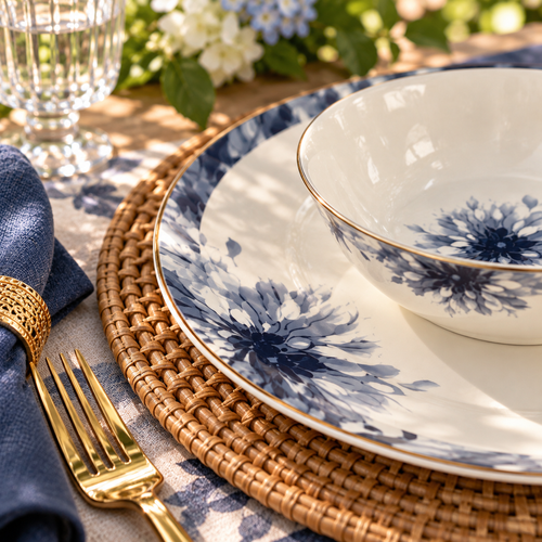 Indigo Bloom Elegance Navy Floral Fine Dinner Set 39 Pcs