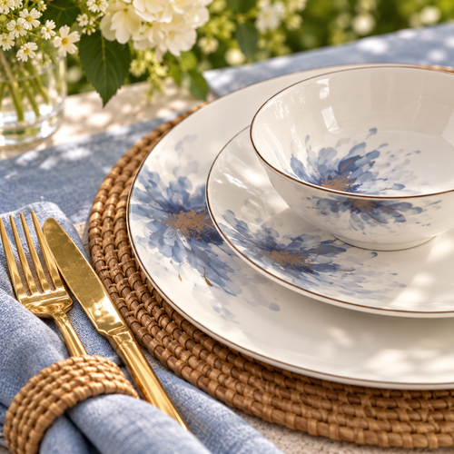 Azure Blossom & Gold Soft Blue Floral Fine Dinner Set 39 Pcs