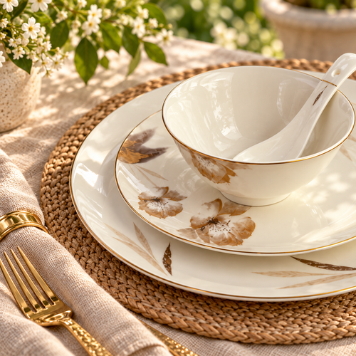 Amber Bloom & Gold Warm Ivory Sepia Floral Fine Dinner Set 39 Pcs