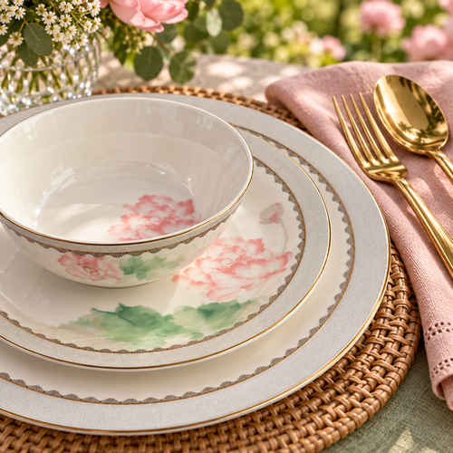 Blush Lotus & Silver Lattice Fine Dinner Set 39 Pcs