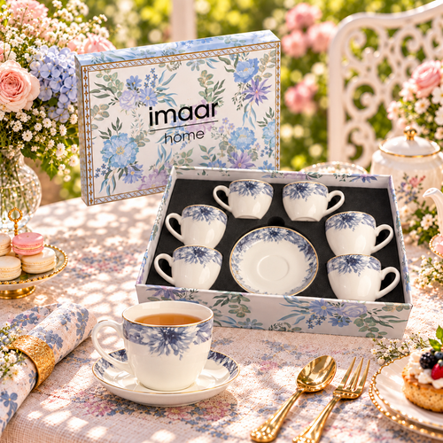 Indigo Bloom Elegance Fine Teacup & Saucer Set 12 Pcs