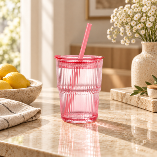 Pink Ribbed Glass Tumbler with Lid & Straw (430 ML)