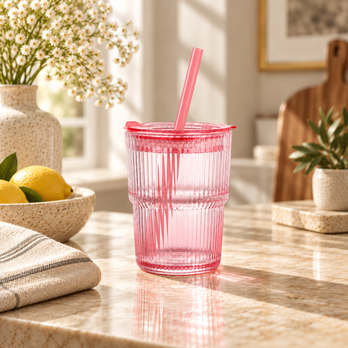 Pink Ribbed Glass Tumbler with Lid & Straw (430 ML)