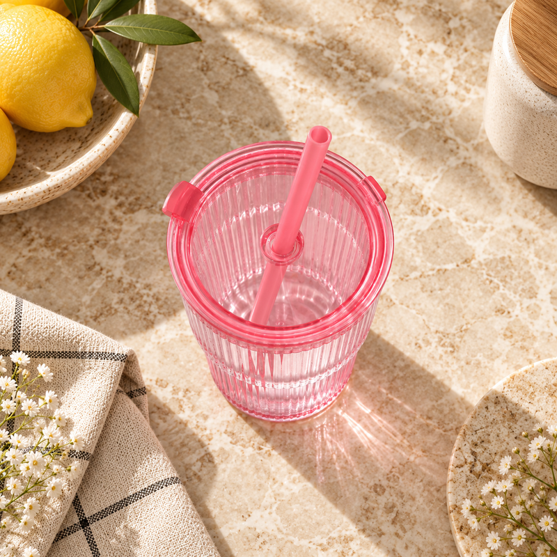 Pink Ribbed Glass Tumbler with Lid & Straw (430 ML)