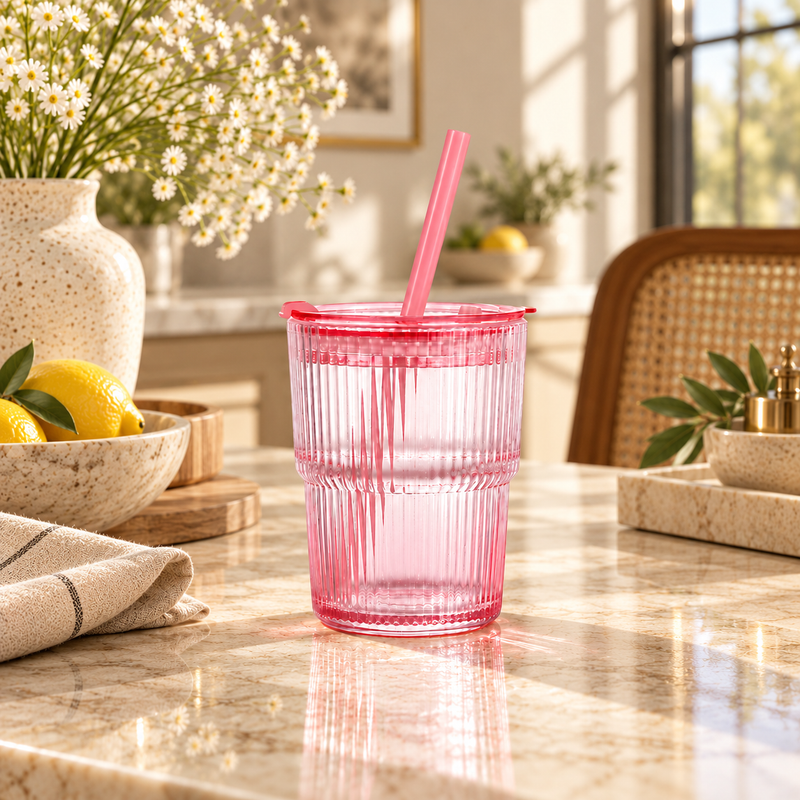 Pink Ribbed Glass Tumbler with Lid & Straw (430 ML)