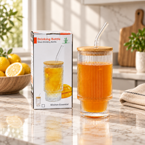 Glass Sipper with Bamboo Lid & Glass Straw (330 ML)