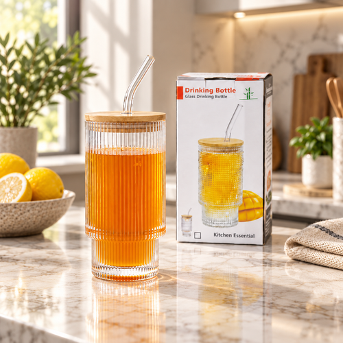 Glass Sipper with Bamboo Lid & Glass Straw (330 ML)