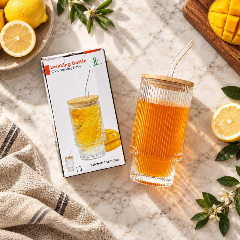 Glass Sipper with Bamboo Lid & Glass Straw (330 ML)