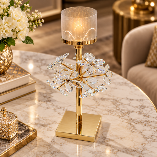 Modern Gold and Crystal Flower Pillar Candle Stand