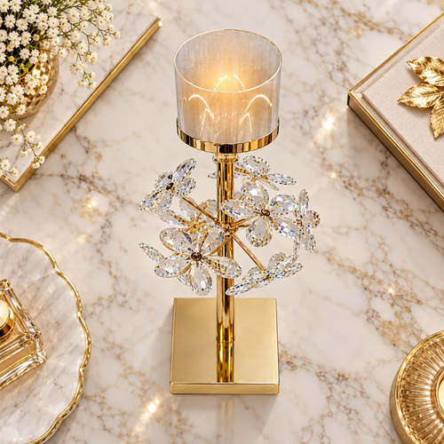 Modern Gold and Crystal Flower Pillar Candle Stand