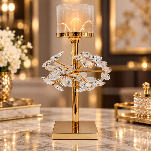 Modern Gold and Crystal Flower Pillar Candle Stand