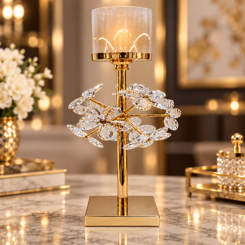Modern Gold and Crystal Flower Pillar Candle Stand