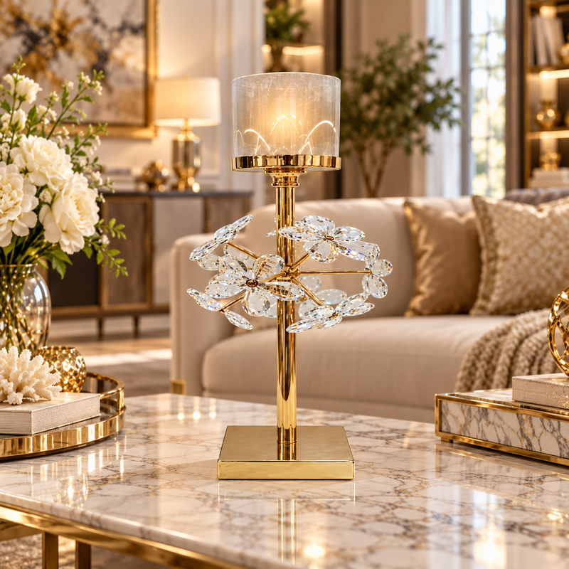 Modern Gold and Crystal Flower Pillar Candle Stand