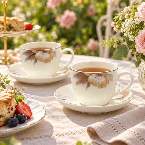 Amber Bloom & Gold Fine Teacup & Saucer Set 12 Pcs