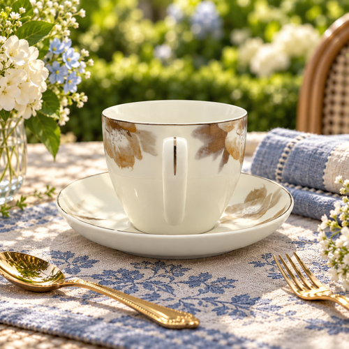 Amber Bloom & Gold Fine Teacup & Saucer Set 12 Pcs