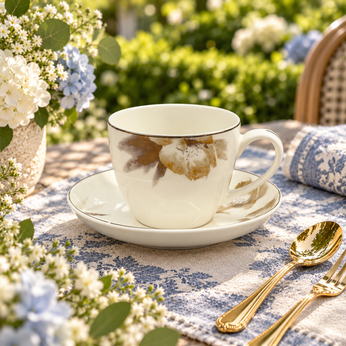 Amber Bloom & Gold Fine Teacup & Saucer Set 12 Pcs