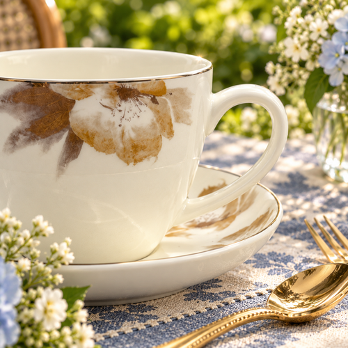 Amber Bloom & Gold Fine Teacup & Saucer Set 12 Pcs