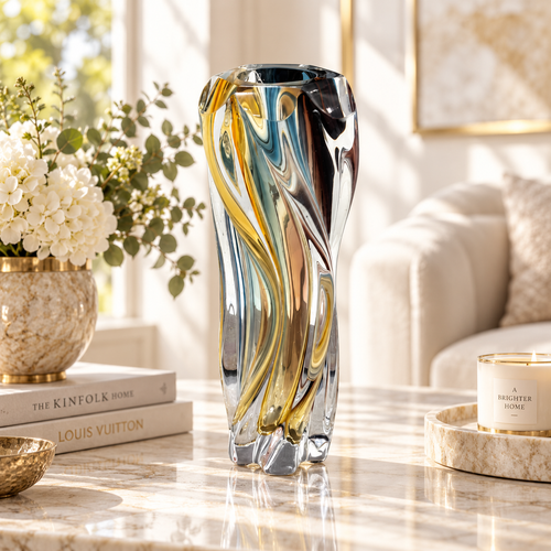 Elegant Amber & Smoky Teal Twisted Glass Vase