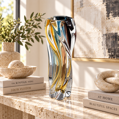 Elegant Amber & Smoky Teal Twisted Glass Vase