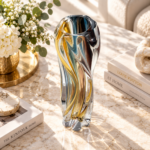 Elegant Amber & Smoky Teal Twisted Glass Vase