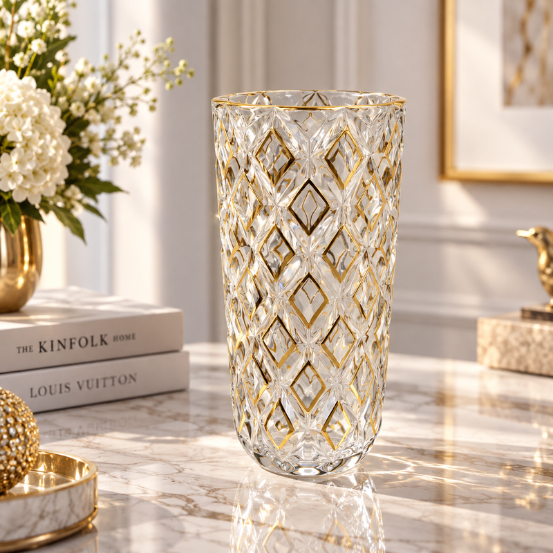 Gold Diamond Cut Glass Cylinder Vase