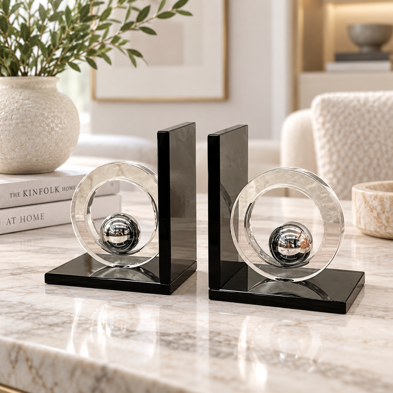 Modernist Chrome Sphere & Crystal Ring Bookends