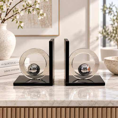 Modernist Chrome Sphere & Crystal Ring Bookends
