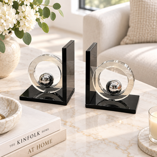 Modernist Chrome Sphere & Crystal Ring Bookends