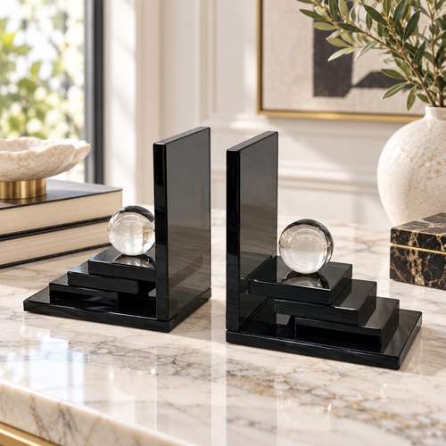 Clear Sphere Stepped Black Glass Bookends