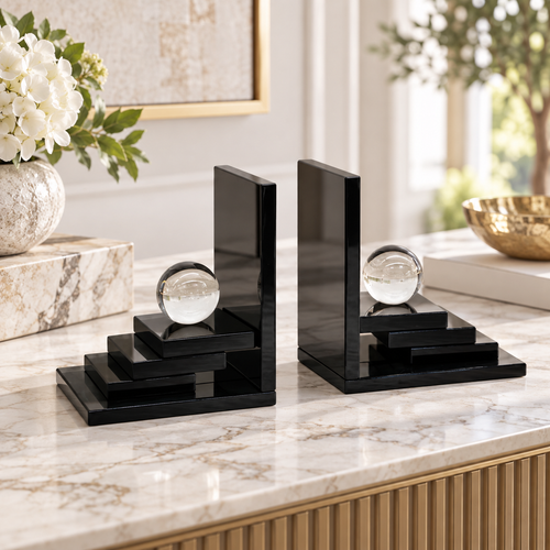 Clear Sphere Stepped Black Glass Bookends
