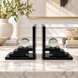 Clear Sphere Stepped Black Glass Bookends