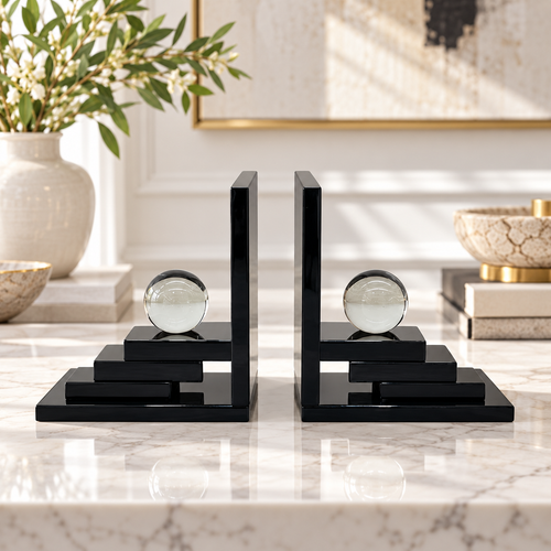 Clear Sphere Stepped Black Glass Bookends