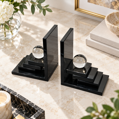Clear Sphere Stepped Black Glass Bookends