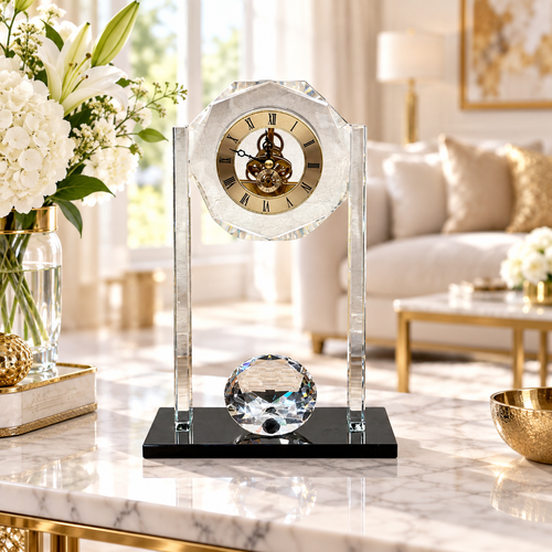 Modernist Crystal Sphere Skeleton Desk Clock