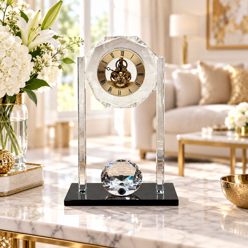 Modernist Crystal Sphere Skeleton Desk Clock