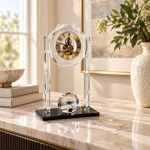 Modernist Crystal Sphere Skeleton Desk Clock