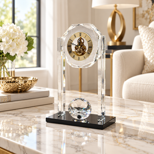 Modernist Crystal Sphere Skeleton Desk Clock