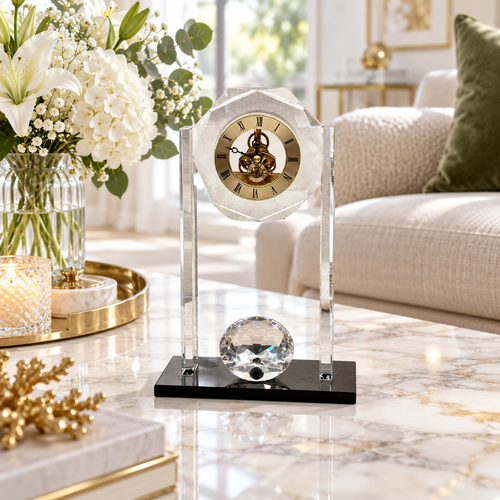 Modernist Crystal Sphere Skeleton Desk Clock