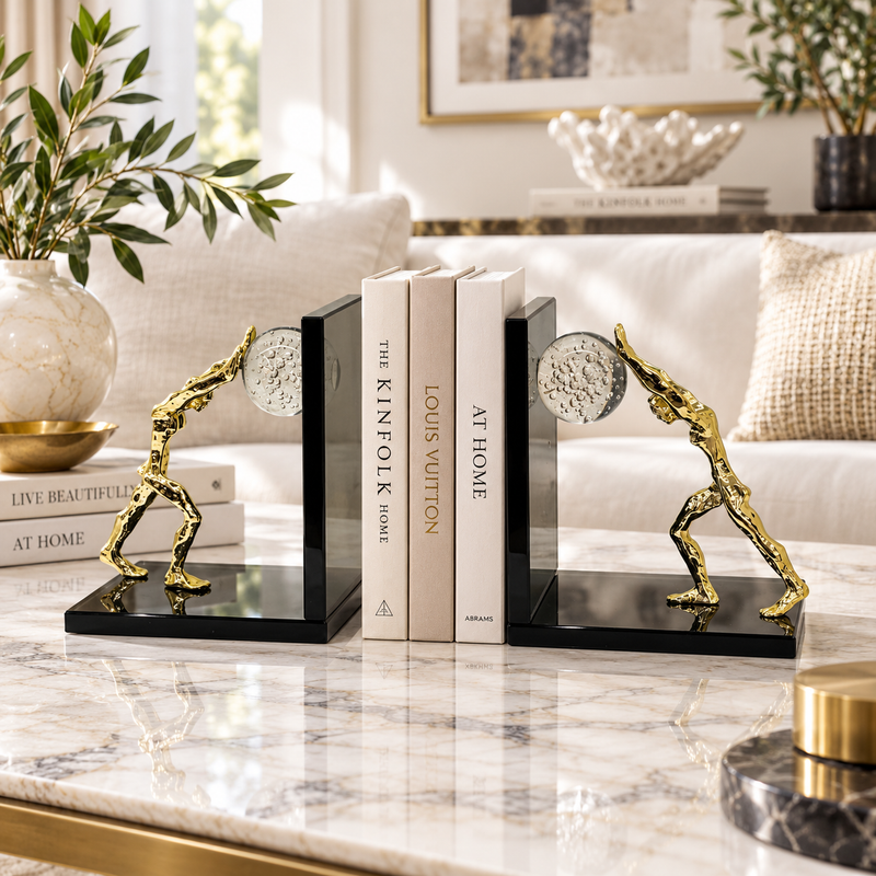 Golden Pushing Man Glass Bookends