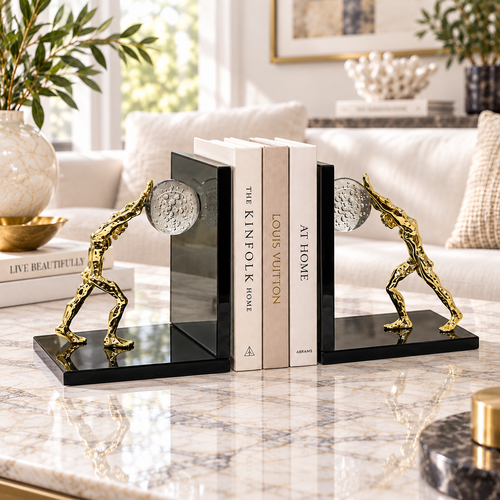 Golden Pushing Man Glass Bookends