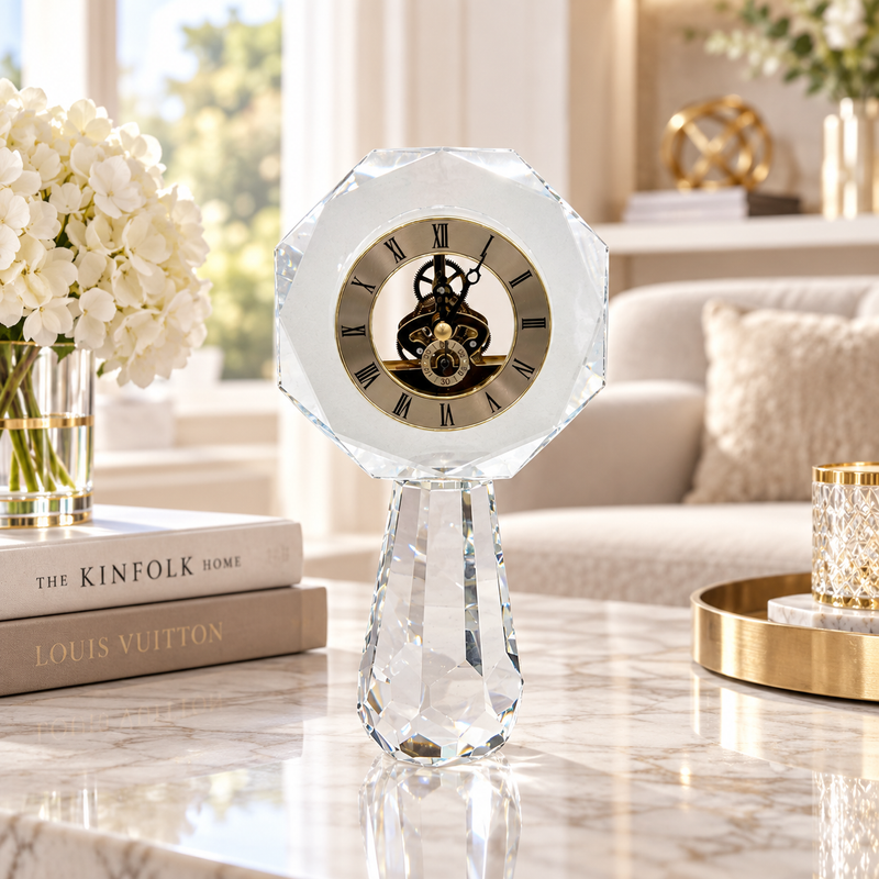 Octagonal Skeleton Movement Crystal Desk Clock