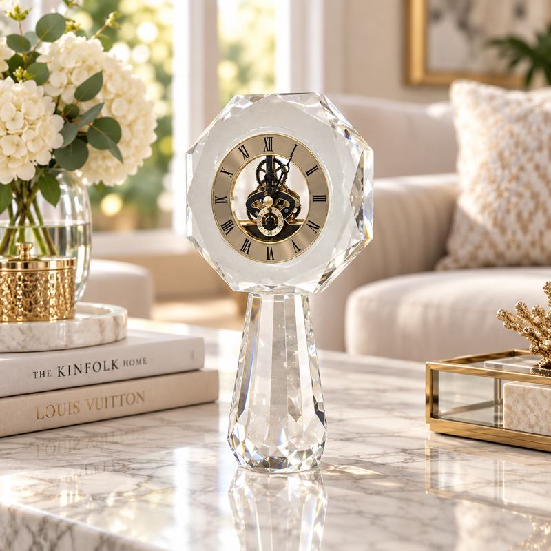 Octagonal Skeleton Movement Crystal Desk Clock