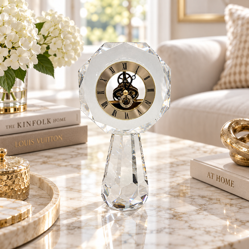 Octagonal Skeleton Movement Crystal Desk Clock