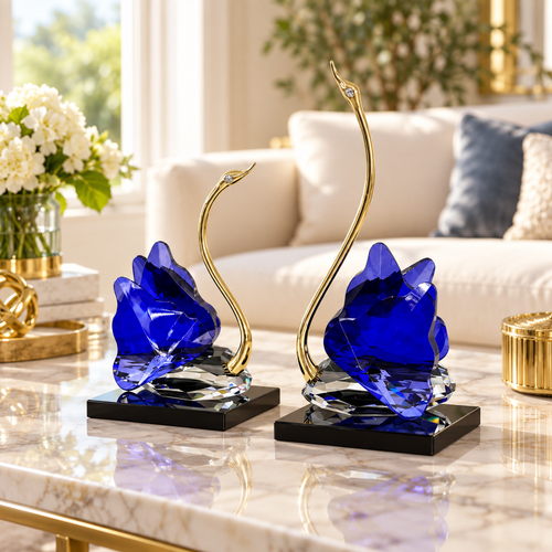 Royal Blue & Gold Crystal Swan Sculptures