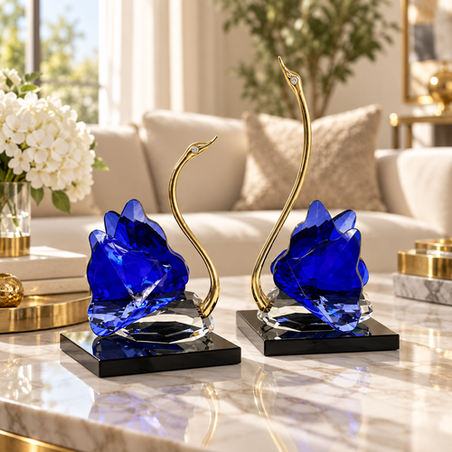 Royal Blue & Gold Crystal Swan Sculptures