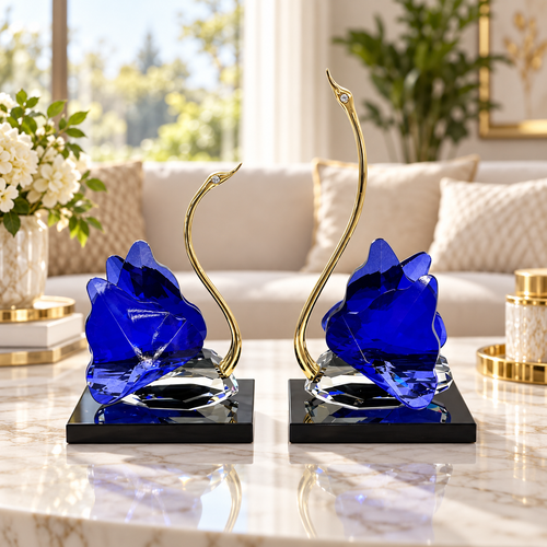 Royal Blue & Gold Crystal Swan Sculptures
