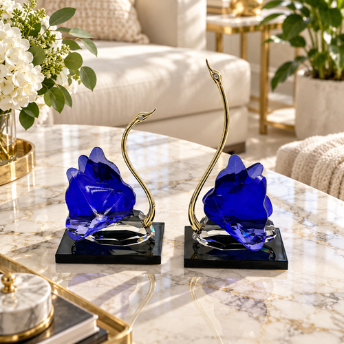 Royal Blue & Gold Crystal Swan Sculptures