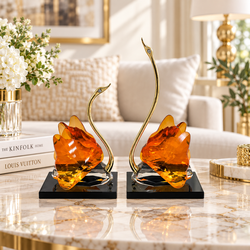 Modern Amber Gold Crystal Swan Pair