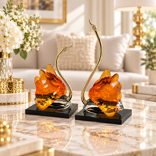 Modern Amber Gold Crystal Swan Pair